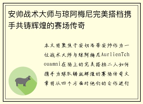 安帅战术大师与琼阿梅尼完美搭档携手共铸辉煌的赛场传奇