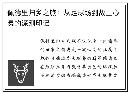 佩德里归乡之旅：从足球场到故土心灵的深刻印记